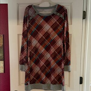 Plaid Long Sleeve Dress with Button Accents